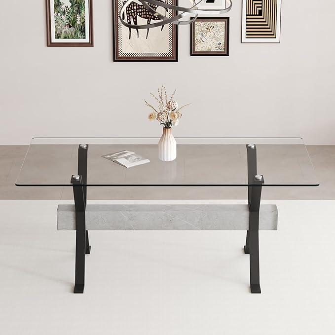Glass Dining Table 71"｜Modern Dining Table for 6｜0.4" Thick Tempered Glass Top｜Matte Black Metal Legs｜Grey Crossbar｜Easy Assembly｜Perfect for Dining Room or Kitchen