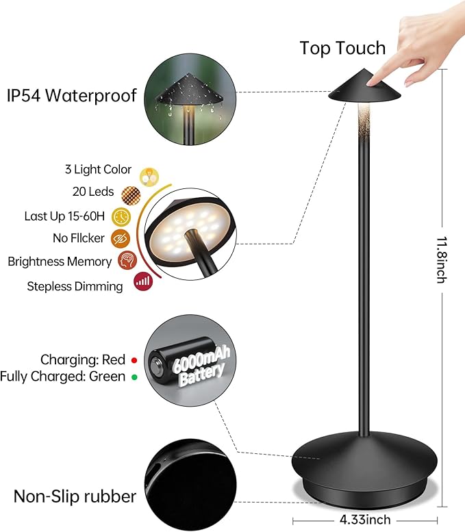 Portable Led Cordless Lamp Table Light 2 Pack, Rechargeable 6000mAh Battery Outdoor Table Lamp for Dinning Restaurant Patio Bedroom Camping, IP54 Waterproof, Dimmable