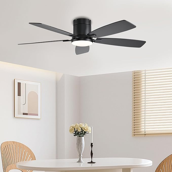 52inch Ceiling Fans with Lights, Low Profile Ceiling Fan with Light and Remote Control/APP Control, Flush Mount, Reversible DC Motor, Dimmable, Noiseless, Black Ceiling Fan for Bedroom