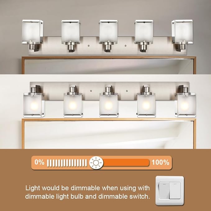 5-Lights Bathroom Vanity Light Fixtures, Modern Brushed Nickel Wall Sconce Lighting with Rectangular Frosted Glass Shades, E26 Bulb Base