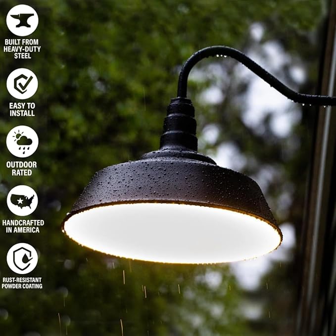 Steel Lighting Co. Large Outdoor Barn Light | Gooseneck Light Fixture | Made in America from 18-Gauge Steel | 20" Dome | 23" Gooseneck Matte Black Exterior/Brass Interior