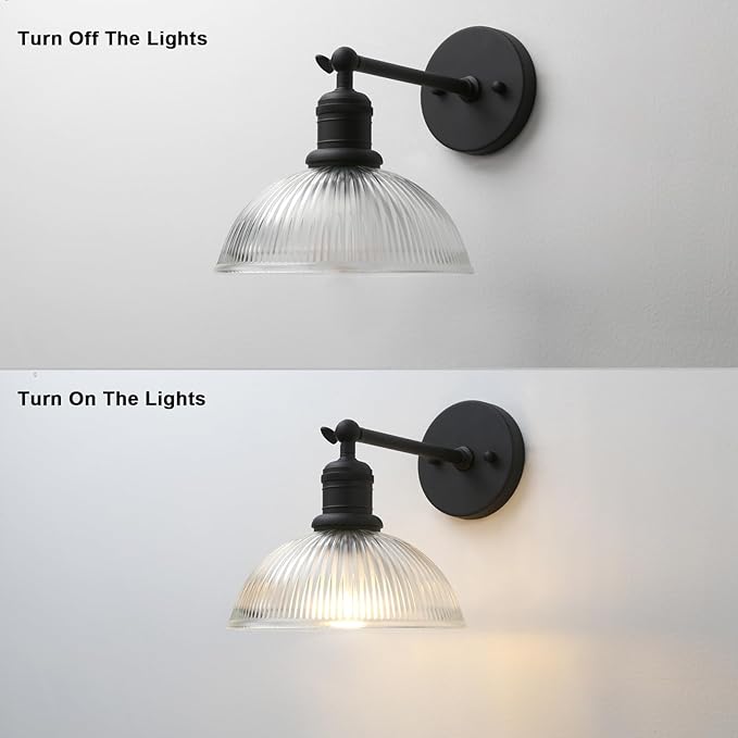 Yosoan Indoor Wall Sconce with Striped Shade, 1-Light Modern Vanity Light Vintage Industrial Single Lamp Hardwired Clear Striped Bowl Glass Shade for Living Room Kitchen Bedroom Home Decor(Black)