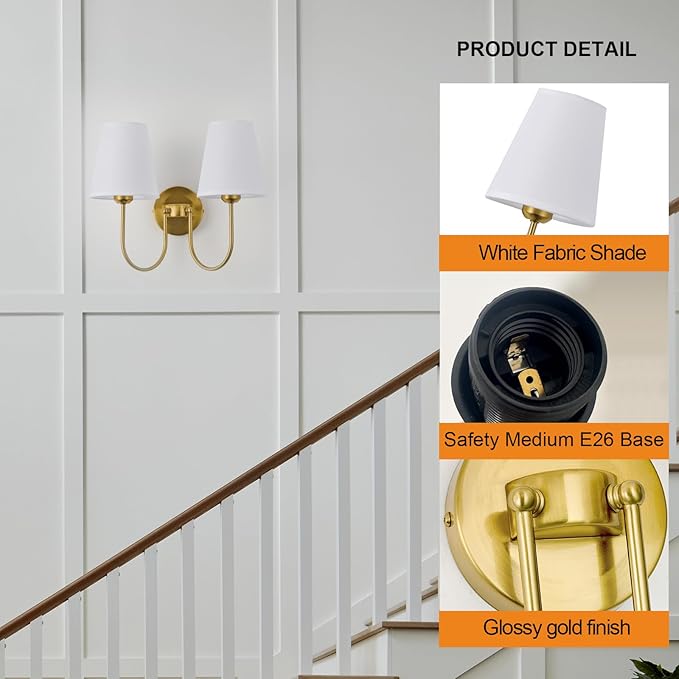 Hardwired White Fabric 2 Light Wall Sconce – Double Headed Cloth Shade Fixture for Bedroom, Bathroom & Hallway (Direct Wire)