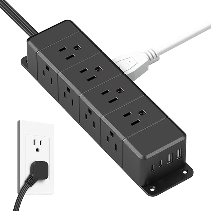 40W Fast Charging Under Desk Power Strip,12 Outlet Mountable Power Strip with 4 USB,1200J Surge Protection,10FT Flat Extension Cord Black