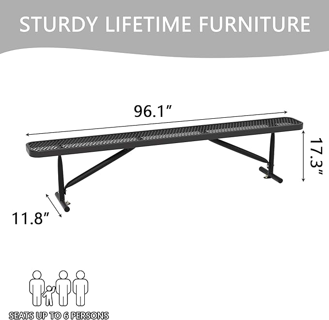8 Feet Heavy Duty Metal Park Bench for Outside, Outdoor Bench with Portable Frame, Commercial Benches for Shopping Mall, Store, Park, Patio, Deck, Black
