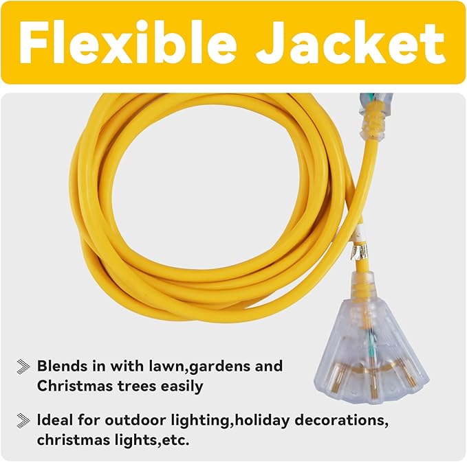 EP 40 Ft 12 Gauge Heavy Duty Extension Cord, 15A 125V 1875W, 3 Outlet Indoor/Outdoor Power Cord with Lighted End, 12/3 SJTW Weatherproof Yellow, UL Listed