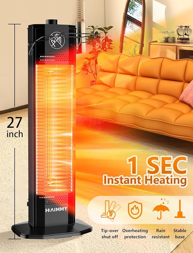 Outdoor Electric Patio Heater, Haimmy 27- inch Outdoor Electric Patio Heater, 1200W Instant Heating, 2 Heat Levels, Tip-Over & Overheat Protection, IPX5 Waterproof Tower Space Heater