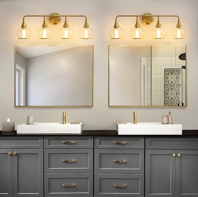 Gold Bathroom Vanity Light 4-Light Bathroom Vanity Light Fixtures Over Mirror with Clear Glass Shade 30.7 inch Wall Sconce Lighting Bath(Exclude E26 Bulb)