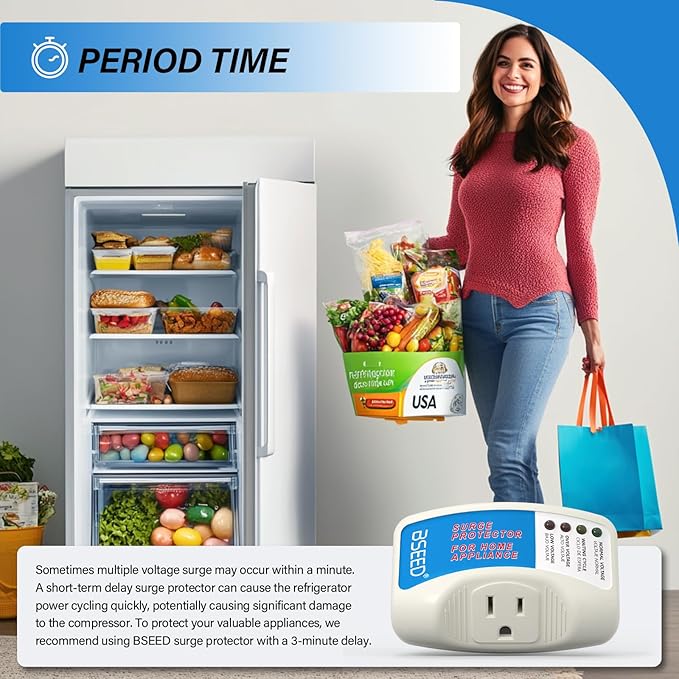 BSEED Surge Protector for Refrigerator, Single Outlet Surge Protector Plug in for Home Appliance Multi Function Plug with Protection Wall Mount Power Suppressor for TV/PC/PS5, 15A, 125V, 1875W, 1 Pack