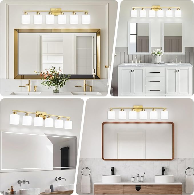 6 Light Gold Bathroom Vanity Light for Large Mirror, Gold Vanity Lights for Bathroom with Milky White Frosted Glass Shades, 38 inch Wall Lamp for Mirrors Living Room E26 Base