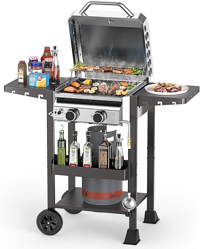 2 Burner BBQ Propane Gas Grill, Stainless Steel 16,000 BTU Patio Garden Barbecue Grill with Two Foldable Shelves, Gas Grill with Grates and Griddle Pan for Outdoor Cooking and BBQ