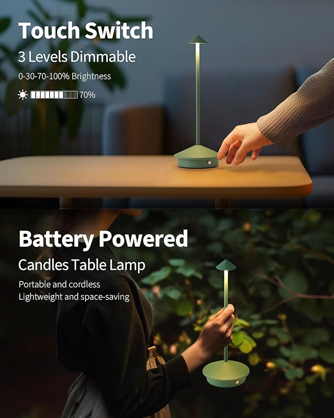 Modern Cordless Table Lamp Set of 2, Portable LED Desk Lamps, 4000mAh Rechargeable Battery Operated Lighting for Bedroom Dining Room Restaurant Coffee Shop Camping Night Light (Green)