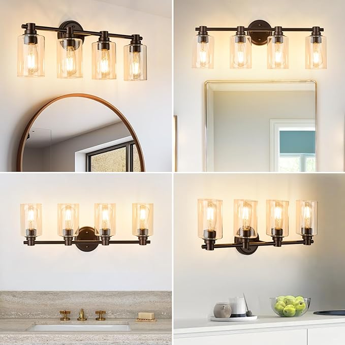 Bathroom Light Fixtures Wall Sconce Light with Clear Glass Oil Rubbed Bronze 4 Lights Bathroom Lighting Over Mirror Vanity Lights for Living Room,Bedroom,Restroom,Hallway E26 Base