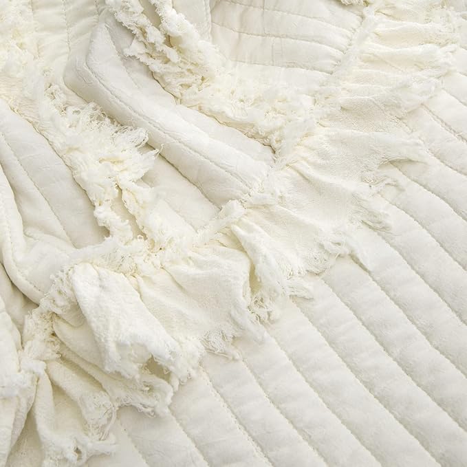 Ultra Soft Pre-Washed Quilted Boho Cream Twin Size Blankets for Bed, Ruffle Fringed Decorative Throw, Stone Washed Chic Rustic Blanket for Sofa Couch Bed, 60"*80"