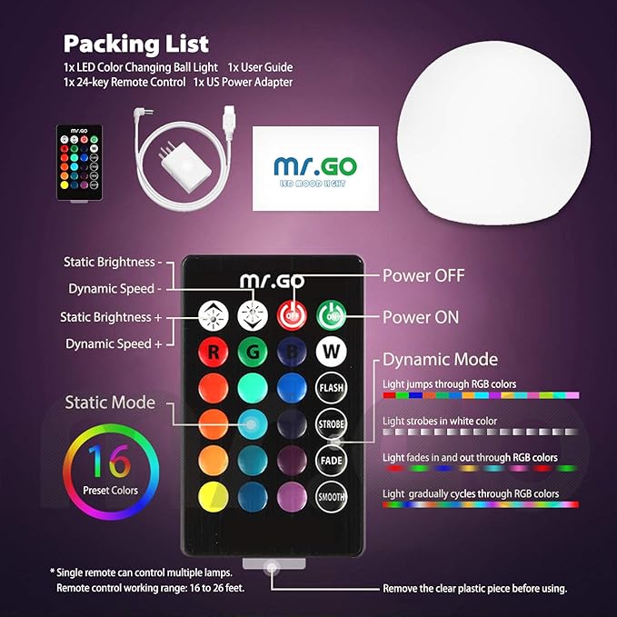 Mr.Go 14-inch LED Ball Light, Cordless Rechargeable Globe Lamp w/Remote, 16 RGB Color Changing Dimmable Mood Lamp, Waterproof Decorative Glow Orb Light for Home Outdoor Garden Patio Pool Party Decor