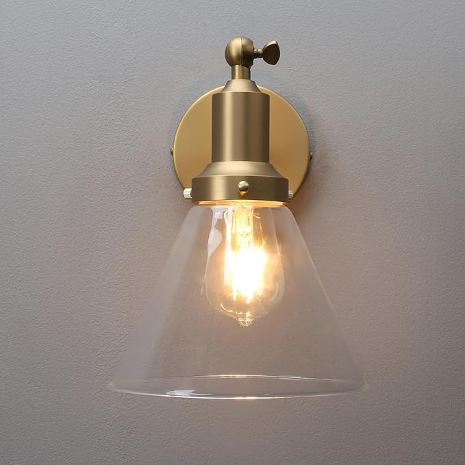 PERMO Industrial Vintage Slope Pole Wall Mount Single Sconce with Funnel Flared Clear Glass Shade Wall Sconce Light Lamp Fixture Hardwired (Antique Gold)