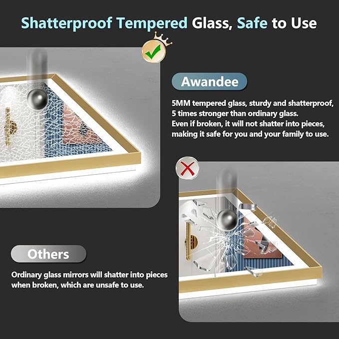 55x40 Gold Beveled LED Bathroom Mirror with Lights, Brushed Gold Framed Backlit and Front Lit Anti-Fog Lighted Vanity Mirrors for Bathroom Wall, Dimmable, 3 Colors, Memory, HD Tempered Glass