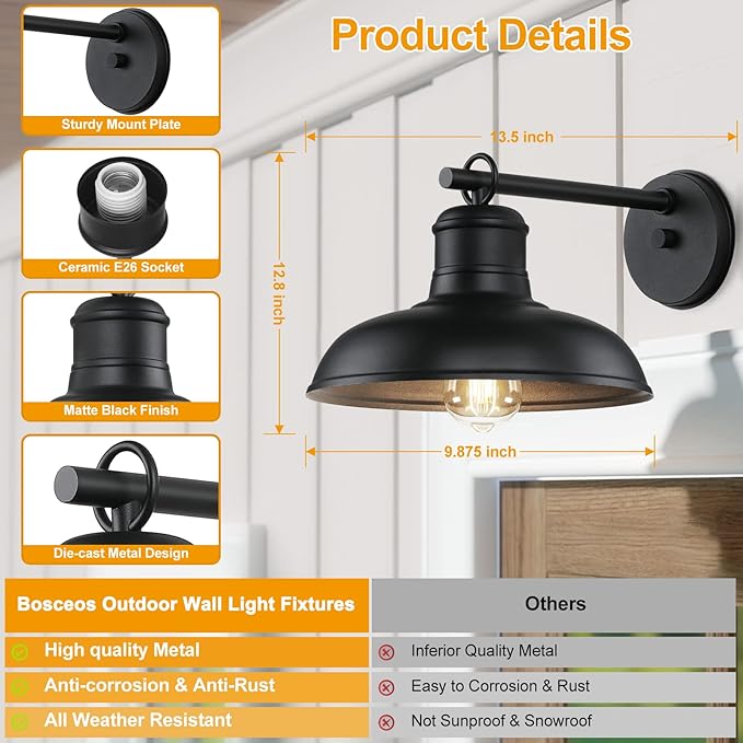 2-Pack Outdoor Wall Lights, Vintage Black Wall Sconces, Exterior Farmhouse Barn Light Fixtures, Indoor Wall Mount Lighting Fixtures, Anti-Rust Waterproof Exterior Light for Patio Porch Doorway Garage
