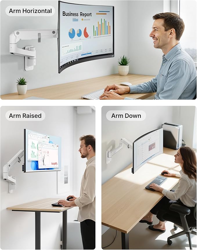 monTEK 17-49 inch Single Monitor Wall Mount for up to 44 lbs Ultrawide Screen, Premium Aluminum Heavy Duty Monitor Arm with Adjustable Gas Spring Arm, 75x75/100x100 VESA Mount, White