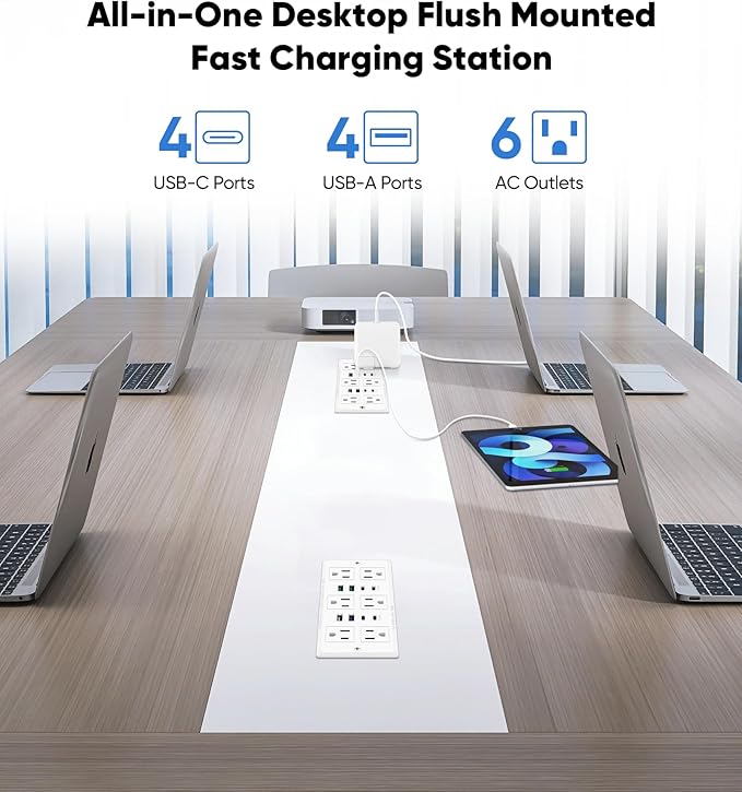 Recessed Power Strip with 45W USB C, Furniture Desk Flush Mount Outlet, Ultra Thin Flat Plug Power Strip, 6 Outlets & 8 USB Ports, 3FT Cord (White)