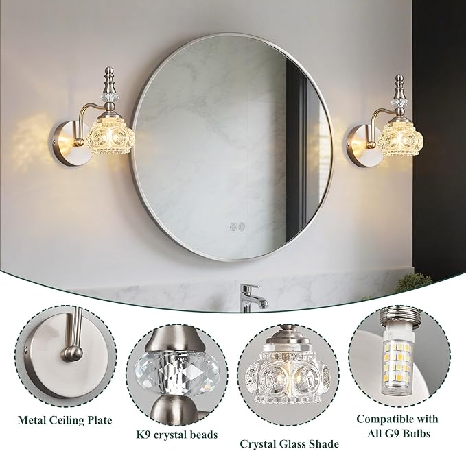 Modern Wall Sconce Set of Two Indoor Wall Lamp Nickel Vintage Wall Sconces Glass Wall Light Bathroom Vanity Light Fixture Wall Mounted Room Sconce Wall Lighting