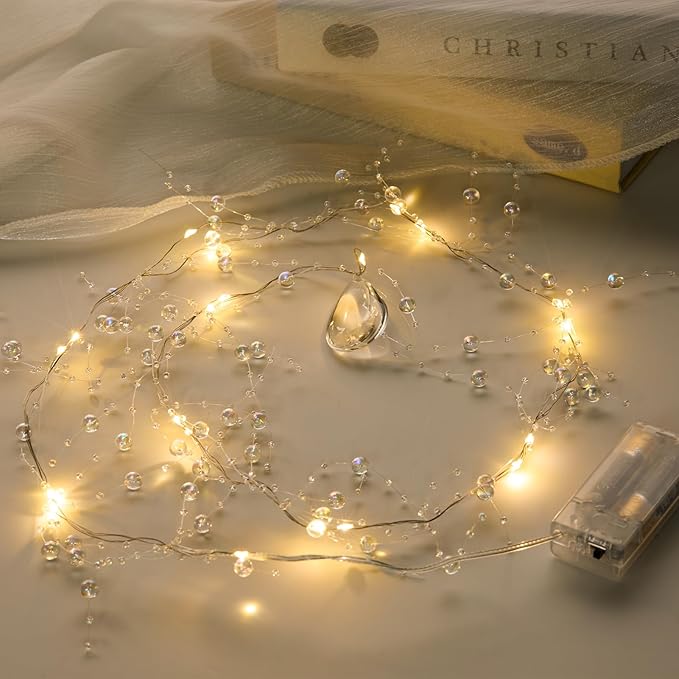 Iridescent Bead String with Fairy Lights Battery Operated, 3-8mm Artificial Crystal Beads Chain Short LED String Lights Mixed, DIY Crafts Wedding Party Garland Centerpiece(3.28ft/Set, 2 Set)