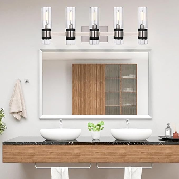 MELUCEE 5-Light Vanity Bathroom Lights, Modern Brushed Nickel Bathroom Light Fixtures Over Mirror with Ribbed Clear Glass Shade, Wall Mount Lamp for Bath Kitchen Bedroom Hallway, E12 Base