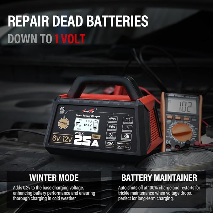 TowerTop 25A Pro+ Battery Charger, 6V/12V Car Battery Charger Fully Automatic Smart Battery Maintainer with Engine Start, Auto Desulfator, Battery Repair, for All Lead-Acid, AGM and LiFePO4 Batteries