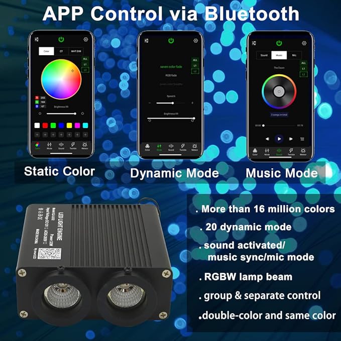 AZIMOM Dual Color 32W Sound Activated Fiber Optic Light Source RGBW Light Box Engine Diver Bluetooth/RF Remote Control Music Sensor Mode for Car Home Star Ceiling Decoration