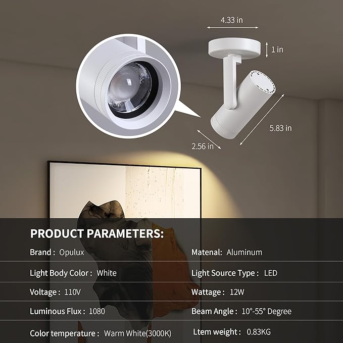 12W LED Dimmable Zoomable Ceiling Spotlight Indoor – Adjustable Surface Mount Accent Light for Home Corridor, Picture, Plants & Artwork | Warm White 3000K CRI 97, White 4 Packs