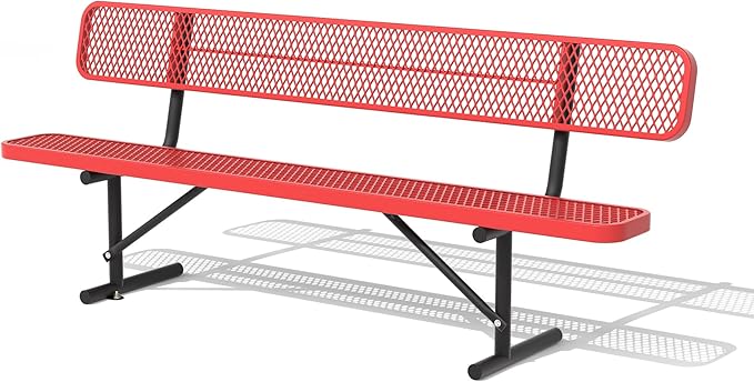 8 Feet Heavy Duty Metal Park Bench for Outside, Outdoor Bench with Backrest & Portable Frame, Commercial Benches for Shopping Malls, Stores, Parks, Patios, Decks, Red