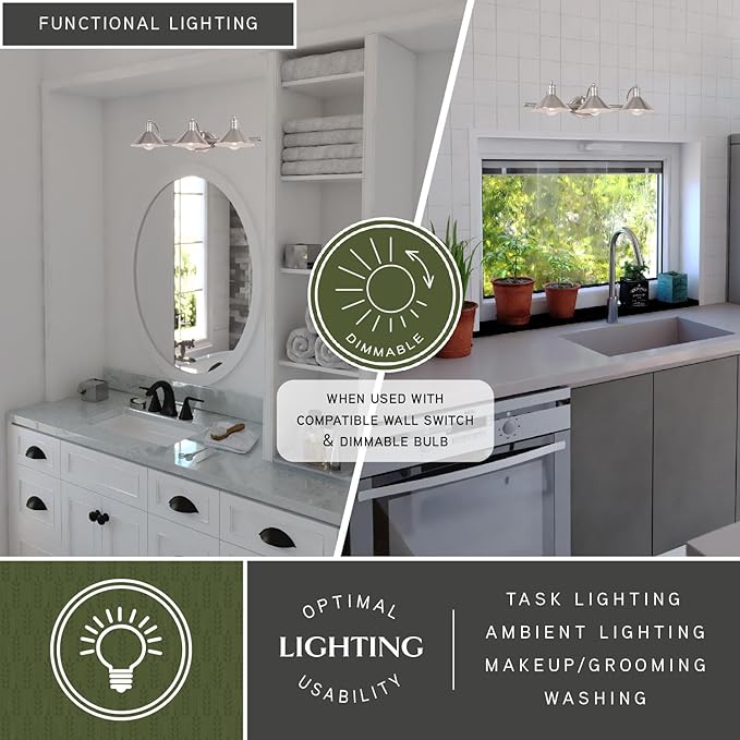 VAXCEL Akron 3-Light 28 inch Wide Satin Nickel and Matte White Farmhouse Bathroom Vanity Lighting Fixture, Metal Shade, Dimmable, LED Compatible, Over The Mirror Mounted Steel Wall Sconce
