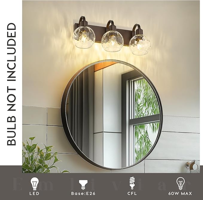 Emliviar 3-Light Bathroom Light Fixtures Over Mirror for Living Room, Hallway, Farmhouse Oil Rubbed Bronze Vanity Light with Water Grain Globe Glass, YCE237BG-3W ORB