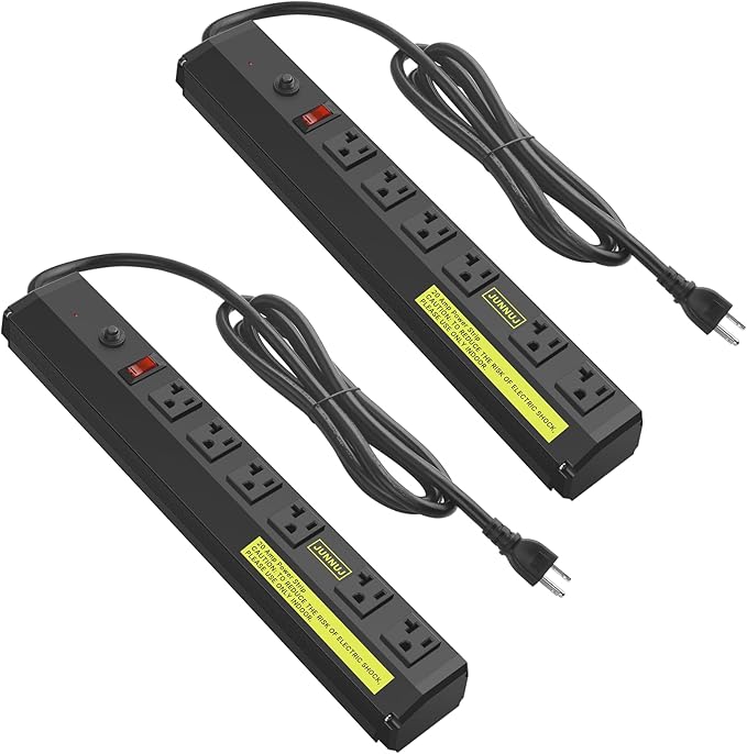 JUNNUJ Heavy Duty 20 Amp Power Strip 2 Pack, High Amp Surge Protector 6 Outlet, 20A Power Workshop Industrial Outlets Wide Spaced 6-20R T-Slot with Circuit Breaker,12 Gauge Extension Cord 6ft