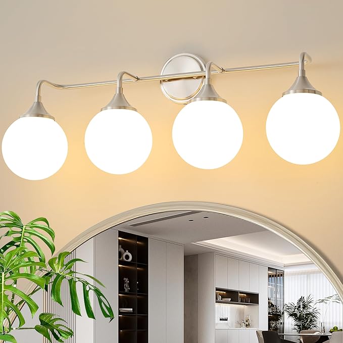 Brushed Nickel Vanity Lights Fixtures, 4-Light Bathroom Vanity Lighting Over Mirror, Modern Bathroom Wall Sconces with Milky White Glass Ball Shades