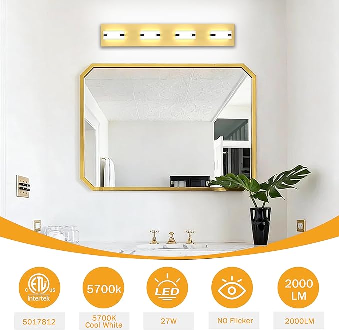 LED Bathroom Light Fixtures, 4-Light Modern Vanity Lights with Milky White Frosted Acrylic Shades, Gold Bathroom Lighting fixtures Over Mirror, ETL Listed, 27W (Cool White 5700K)