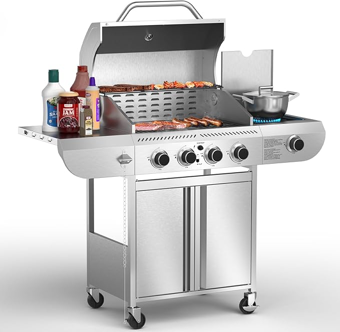 G41 Pro BBQ Grill,Heavy-Duty Stainless Steel Gas Grill, 4 Burner Gas Grill with Side Burner,42000 BTU Propane Grill for Outdoor Cooking,Barbecue,Garden and Patio Backyard