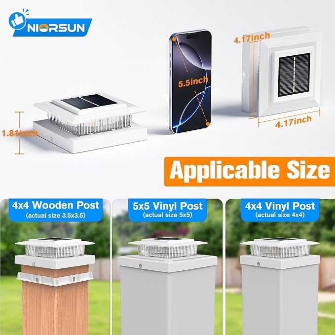 NIORSUN Solar Post Cap Lights Outdoor Waterproof, 4x4 Post Solar Lights RGB Color Changing, Fence Posts Solars Light for Deck Patio Garden Deco, 4x4 Posts Caps Wood Vinyl, 5x5 Vinyl, 6 Pack (White)