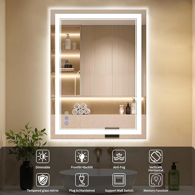 30"x38" LED Bathroom Mirror with Lights, Anti-Fog, Backlit + Front Lit, Dimmable, Led Vanity Mirror for Wall, Lighted Bathroom Mirror, 3 Colors, Shatter-Proof Tempered Glass