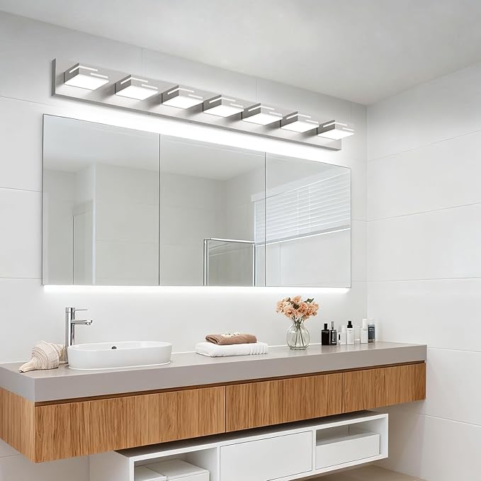 LED Modern Bathroom Vanity Light Fixtures, 7-Light 48-inch Dimmable Brushed Nickel Vanity Lights for Bathroom Lighting Fixtures Over Mirror, with 360° Rotatable Acrylic Heads (Cool White 6000K)