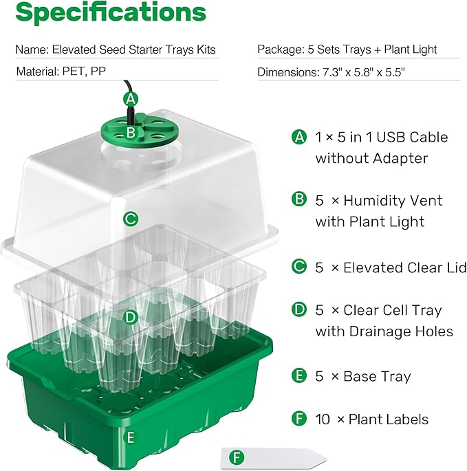Bonviee 5 Packs Seed Starter Tray with Plant Light, Elevated Seedling Starter Trays Kits with Adjustable Humidity Domes and Clear Cell Tray, 12 Full Spectrum led lamp Beads for Plants Indoor-Green