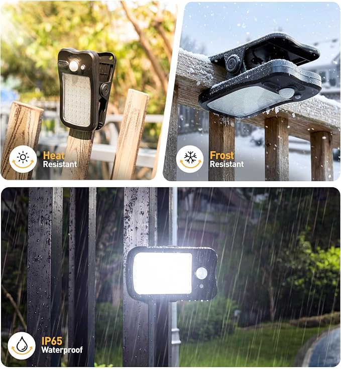 2 Pack Clip On Solar Lights Outdoor, 60 LED 500LM Motion Sensor Clamp Light, USB & Solar Powered Waterproof Security Lights for Fence Gutter Deck Camping, 1-Second Fast Install