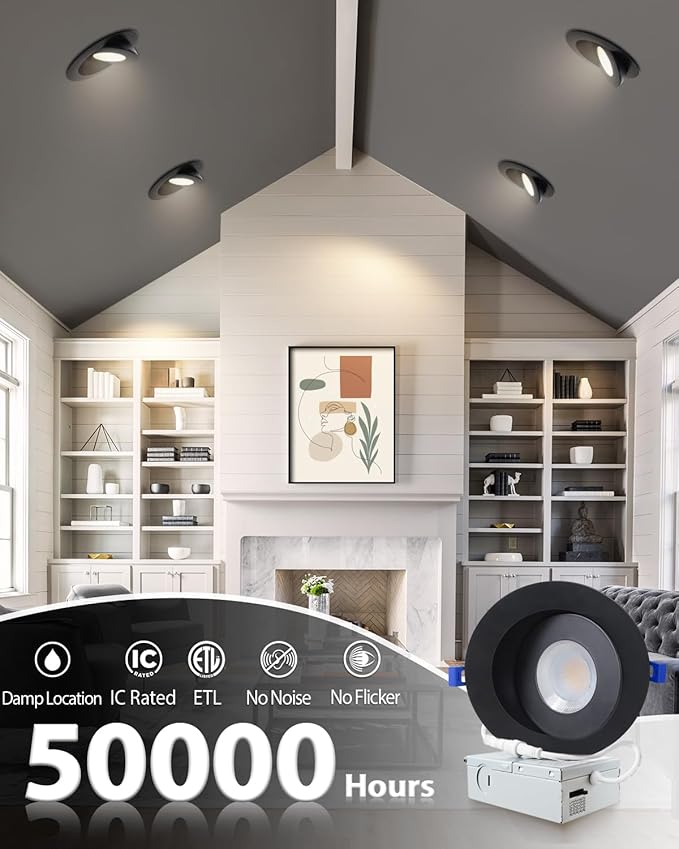zouzai 5CCT Gimbal Led Recessed Lights, 360°+90° Adjustable Directional Recessed Lighting, 2700K-5000K Dimmable Retrofit Eyeball Can Lights with Jbox, ETL&Energy Star (Black-6 inch, 12 Pack)