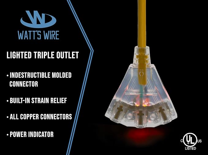 2 ft Outdoor Extension Cord Waterproof - 12 Gauge Heavy Duty Extension Cord Splitter - Lighted Outdoor Extension Cords with Multiple Outlets - Watts Wire - 2' Grounded - extensiones electricas