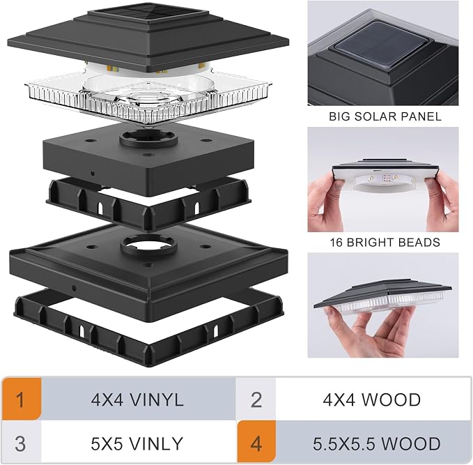 APONUO Solar Post Cap Lights 12-Pack, Black IP64 Waterproof 16 LED Fence Post Solar Lights for 4x4 5x5 6x6 Wood/Vinyl Posts, 2-Mode Deck Post Lights Solar Powered, 10-Hr Lighting for Patio Yard Porch