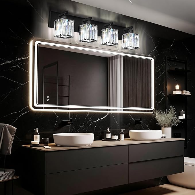 Black Crystal Bathroom Vanity Light, 4-Light Modern Bathroom Lighting Fixtures Over Mirror, Matte Black Wall Sconce Light Fixtures with Square Shade