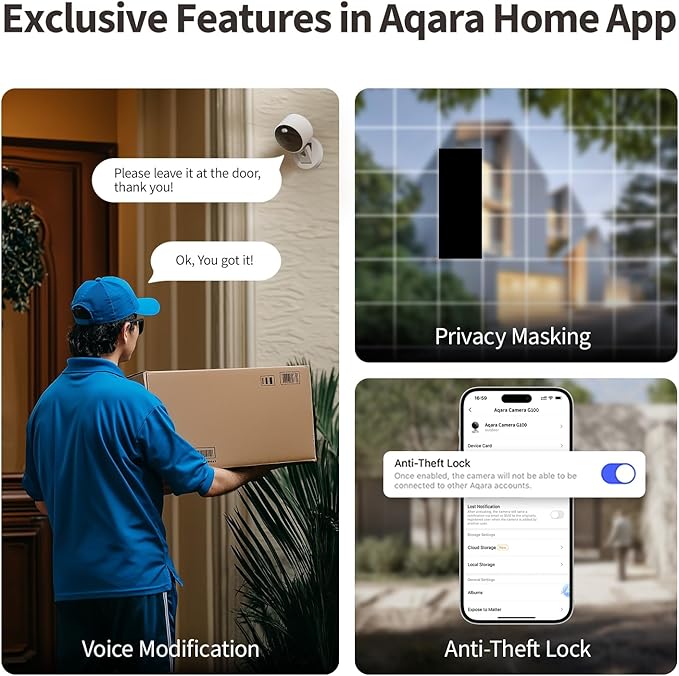 Aqara G100, 2K Indoor/Outdoor Security Camera, HomeKit Secure Video, 2-Way Audio, Spotlight Color/IR Night Vision, AI Detection, 140° FOV, Wi-Fi 6, Supports HomeKit, Alexa, Google and IFTTT, Black