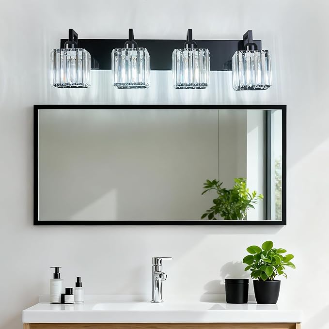 Modern Bathroom Vanity Light 4-Lights Plating Black Vanity Light Crystal Wall Light Bathroom Light Fixtures