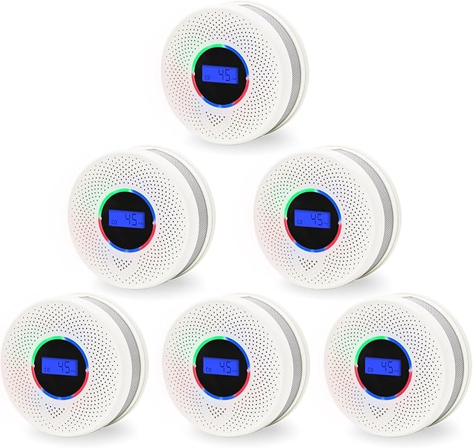 10-Year Battery Smoke and Carbon Monoxide Detector, 2-in-1 Smoke CO Alarm with Digital Display, Reliable Fire and CO Alarm for Home, Bedroom, Kitchen (6 Pack)