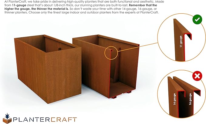 Plantercraft Large Rectangular Planters for Outdoor Plants | 48x12x18 Corten Steel Planter - Extra Large Outdoor Planter Box for Patios, Garden Borders & Modern Landscapes